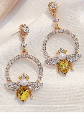 NWT Silver and Gold Crystal Bee Drop Earrings with Yellow Accent